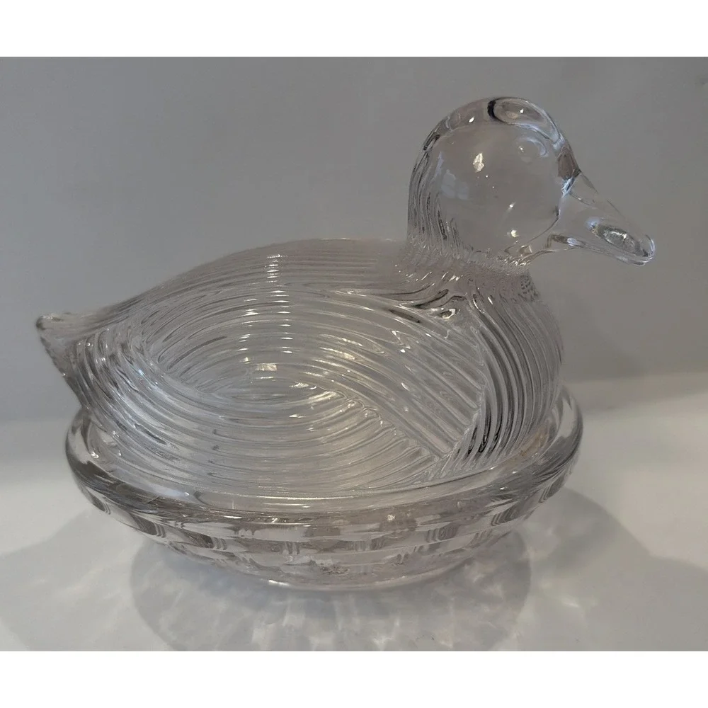 Light Pale Pink Glass Duck On Woven Basket Dish Trinket Candy Covered